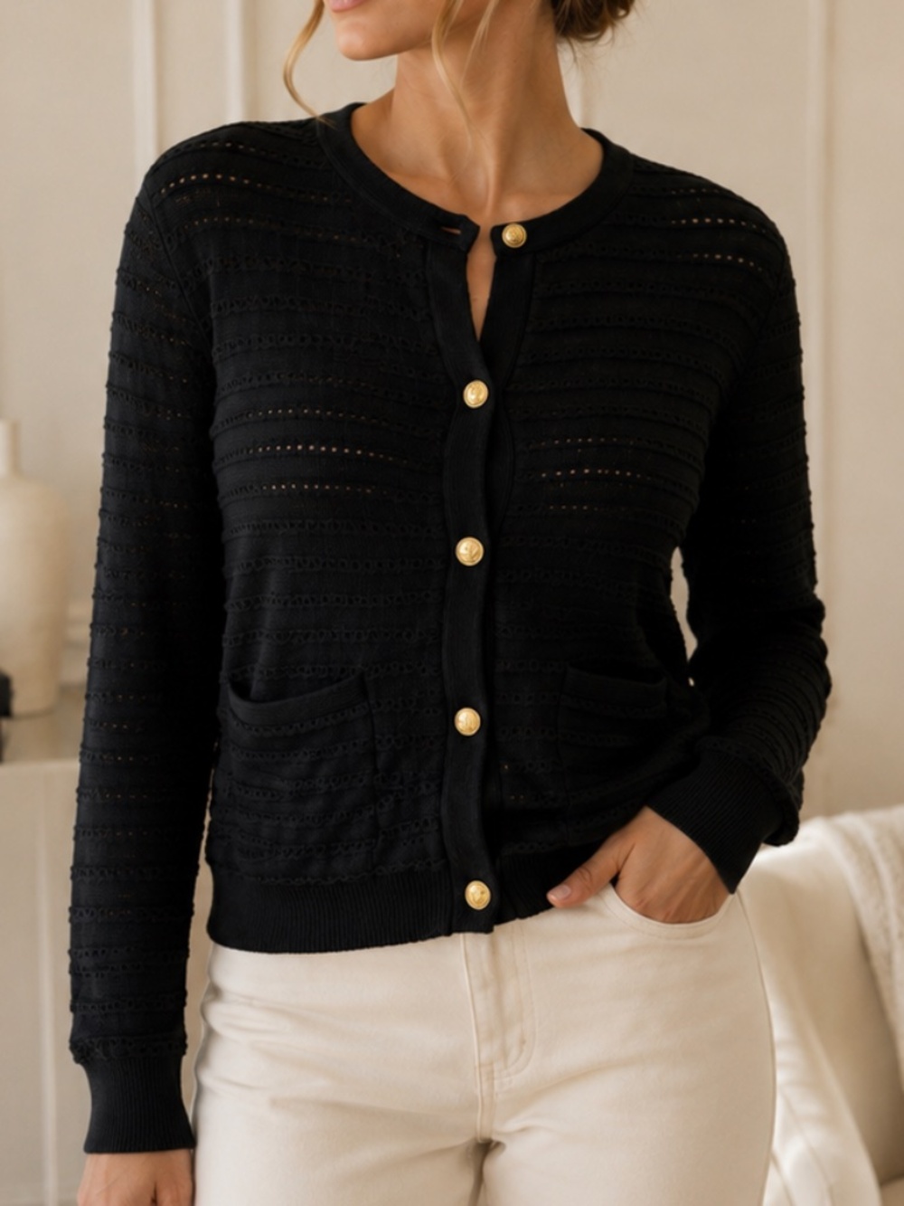 Rag & Bone Marlee Black Knit Cardigan Gold Buttons Organic Cotton L/G - Picture 2 of 14